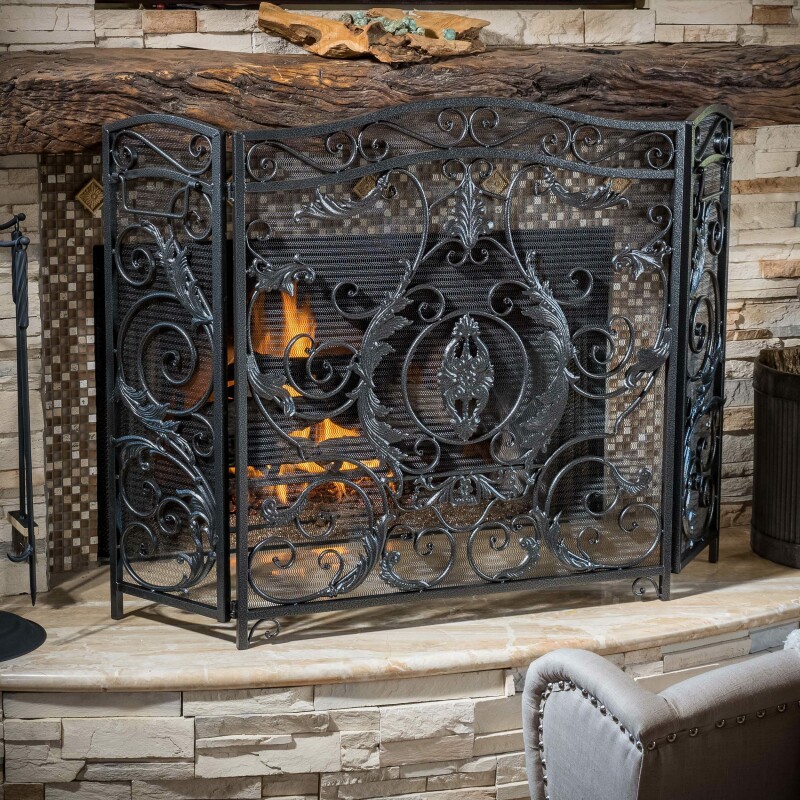 295447 Waterbury Traditional Iron Fireplace Screen, Silver on Black