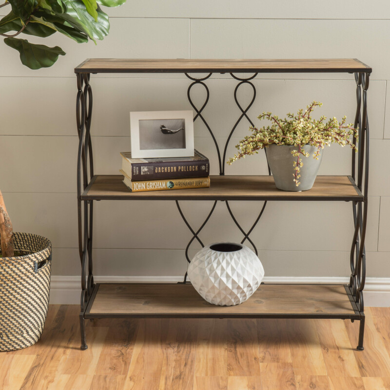 298336 Mia Modern Industrial 2 Shelf Firwood Bookcase, Natural and Rusty Black