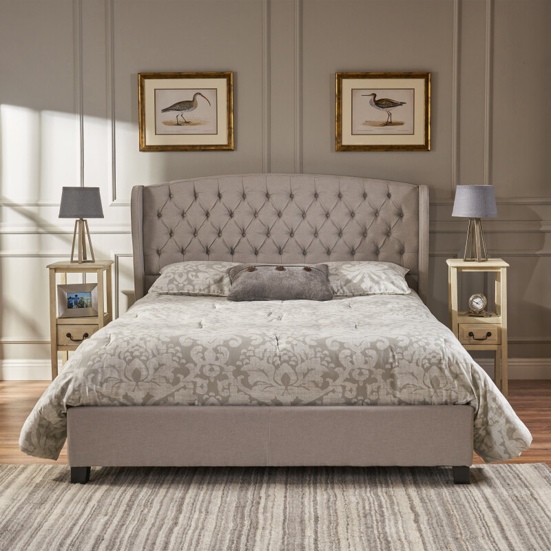 300264 Costello Fully Upholstered Light Grey Fabric Queen Bed Set