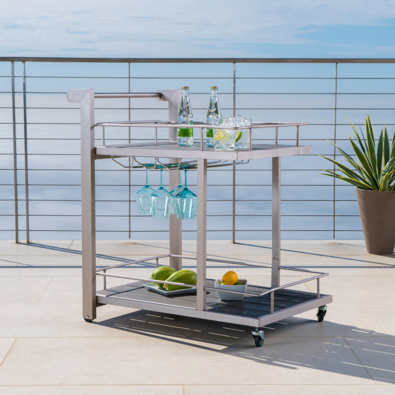 300368 Cape Coral Outdoor Aluminum Bar Cart with Wheels, Natural Gray and Silver