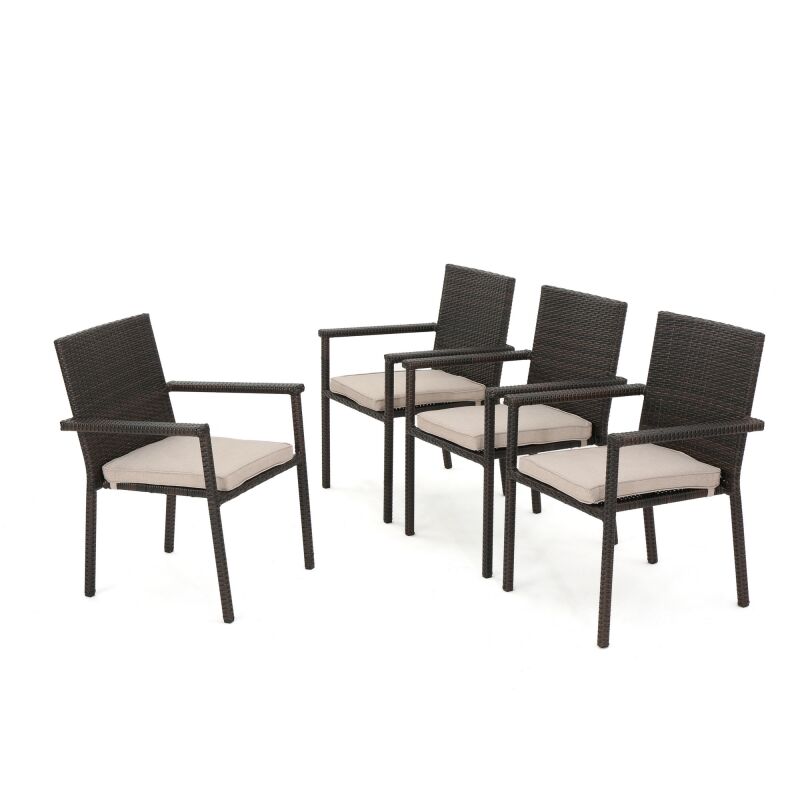 300826 San Pico Outdoor Multibrown Wicker Armed Dining Chairs with Textured Beige Water Resistant Cushions (Set of 4)