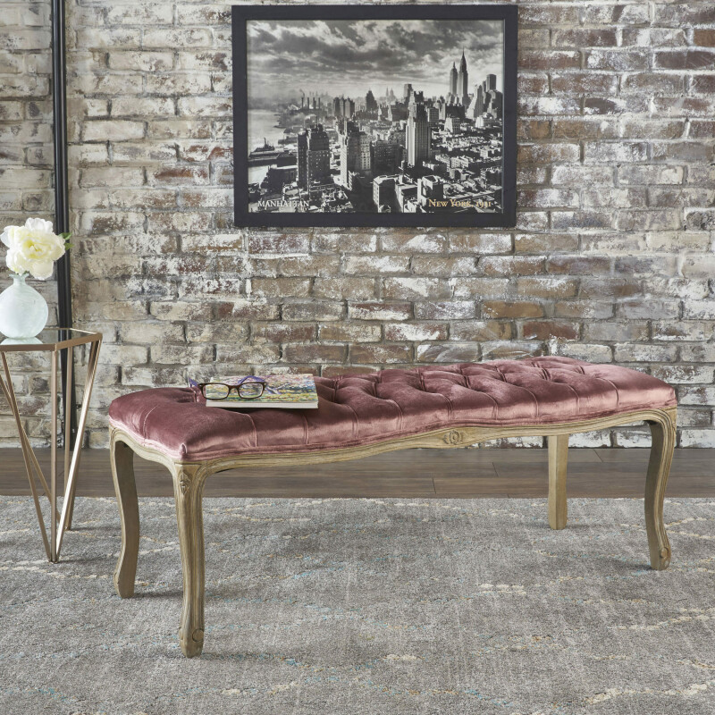 301116 Tassia Traditional Button Tufted Velvet Bench, Natural and Blush