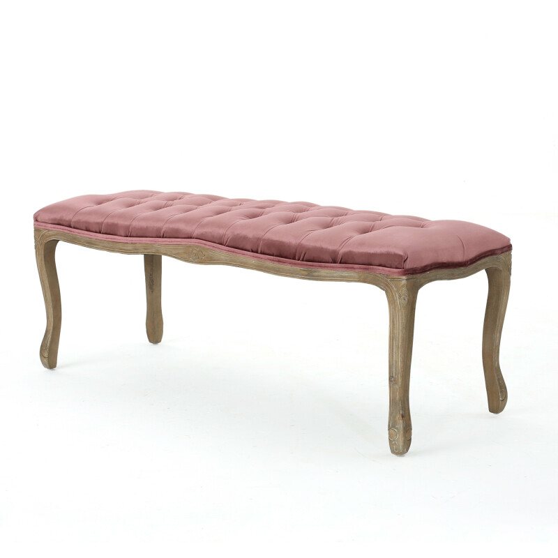 301116 Tassia Traditional Button Tufted Velvet Bench, Natural and Blush