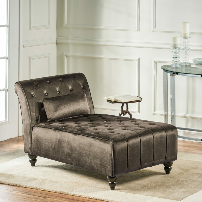 301263 Rubie Modern Glam Tufted Velvet Chaise Lounge with Scrolled Backrest, Gray and Dark Brown