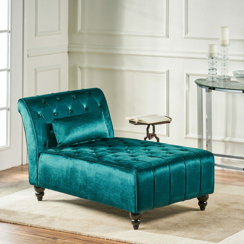 301265 Rubie Modern Glam Tufted Velvet Chaise Lounge with Scrolled Backrest, Dark Teal and Dark Brown