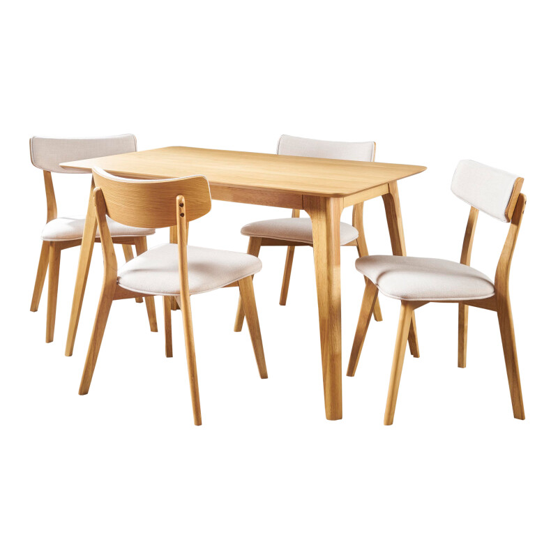 301331 Megann Mid Century Natural Oak Finished 5 Piece Wood Dining Set with Light Beige Fabric Chairs