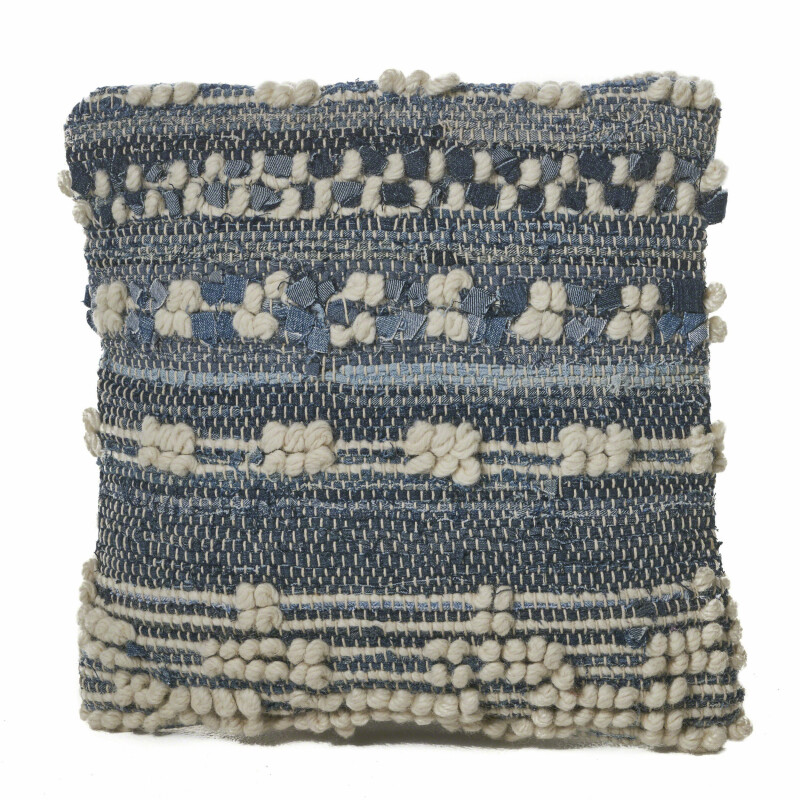 Clara Handcrafted Boho Denim and Fabric Pillow, Blue and White