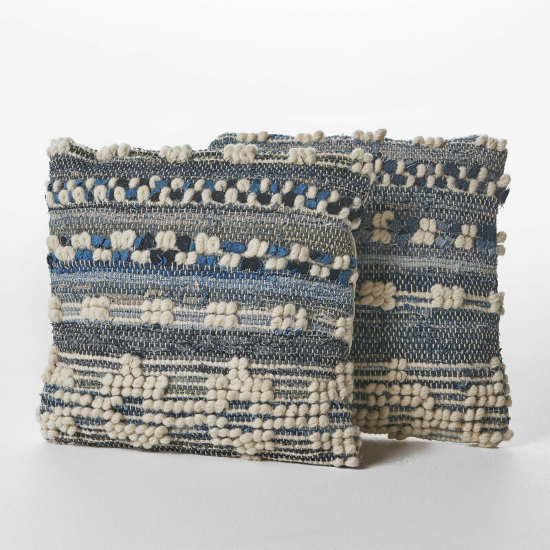 Clara Handcrafted Boho Denim and Fabric Pillows (Set of 2), Blue and White