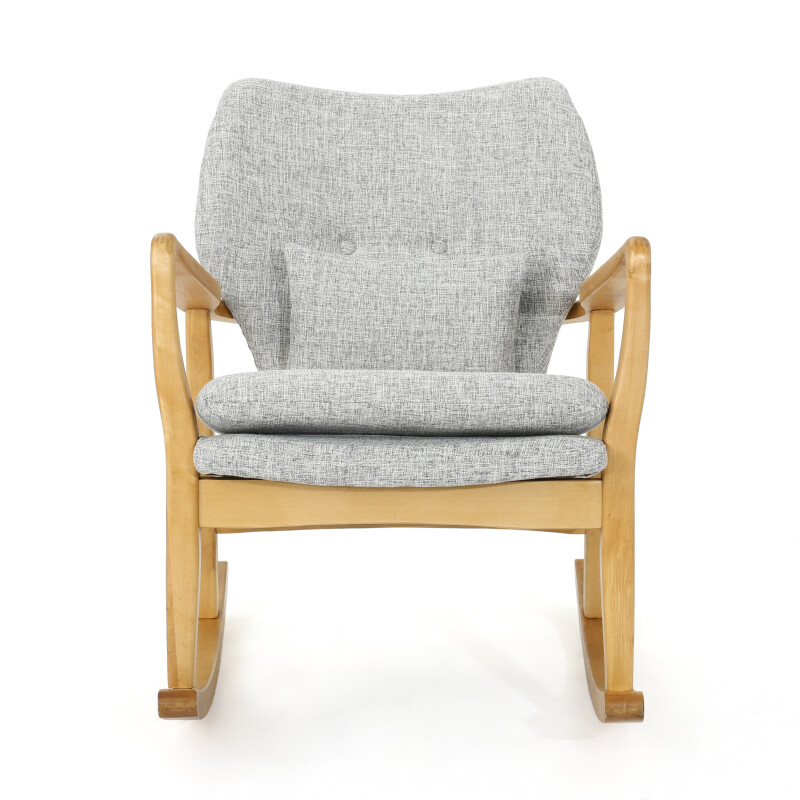 302099 Benny Mid-Century Modern Tufted Fabric Rocking Chair with Accent Pillow, Light Gray Tweed and Light Walnut