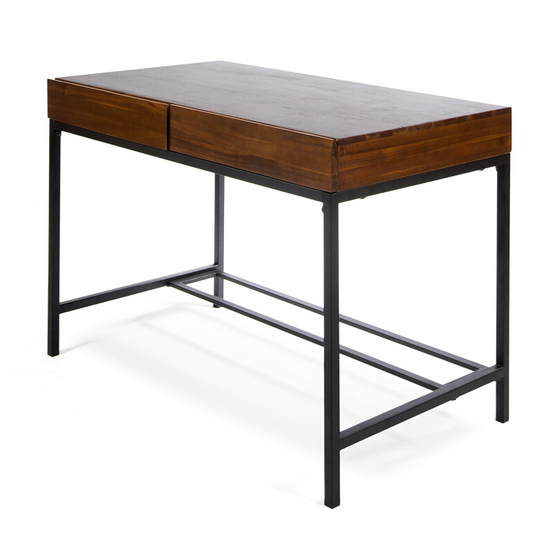 302157 Ebany Industrial Dark Oak Acacia Wood Storage Desk with Rustic Metal Iron Accents