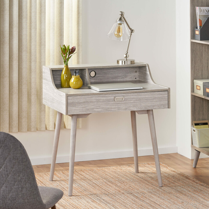 302388 Ellison Mid Century Modern Grey Oak Finished Fiberboard Home Office Desk