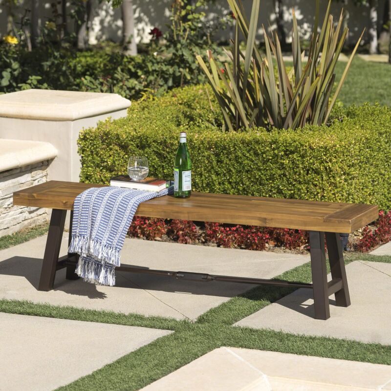 302563 Catriona Outdoor Teak Finished Acacia Wood Bench with Rustic Metal Accents