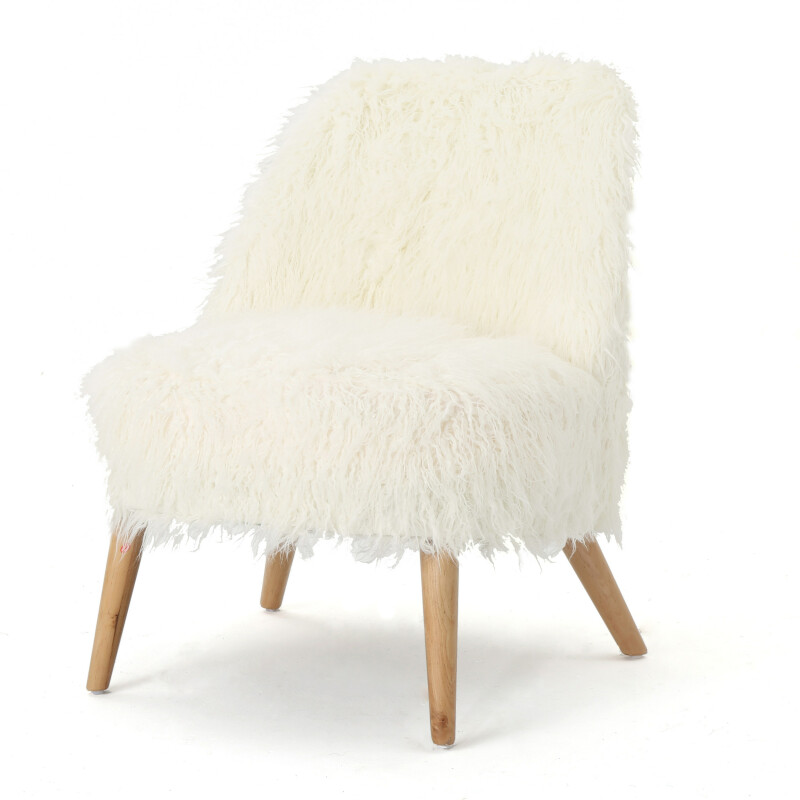 302628 Cheryiie Modern Glam Shaggy Accent Chair, White and Natural