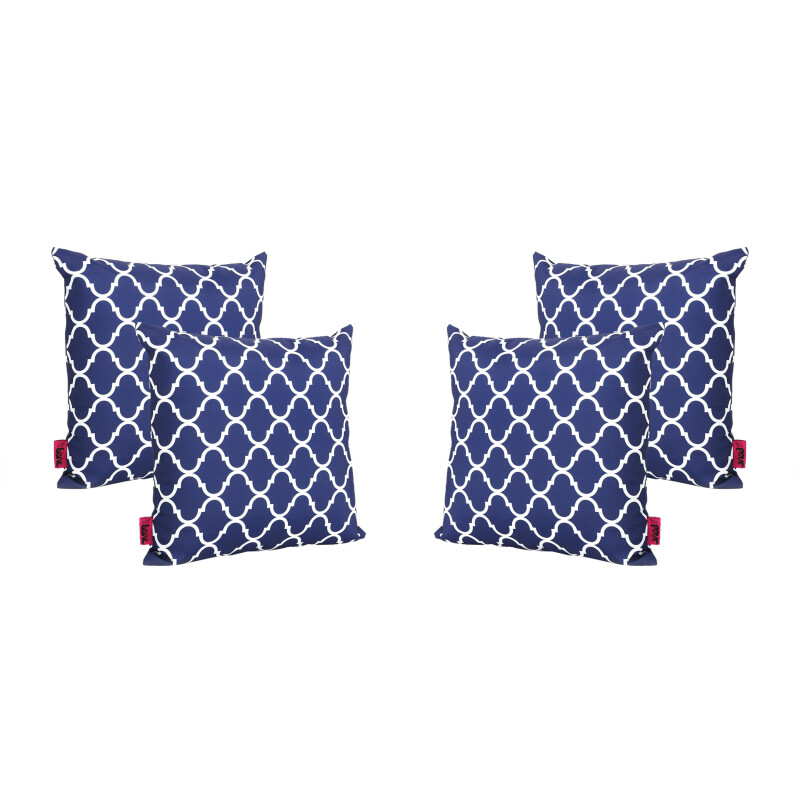303155 Amorie White Print on a Dark Blue Background Fabric Throw Pillows (Set of 4)