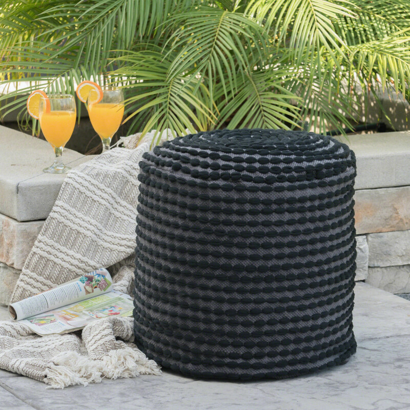303158 Conney Outdoor Handcrafted Modern Water-Resistant Fabric Cylinder Pouf Ottoman, Black