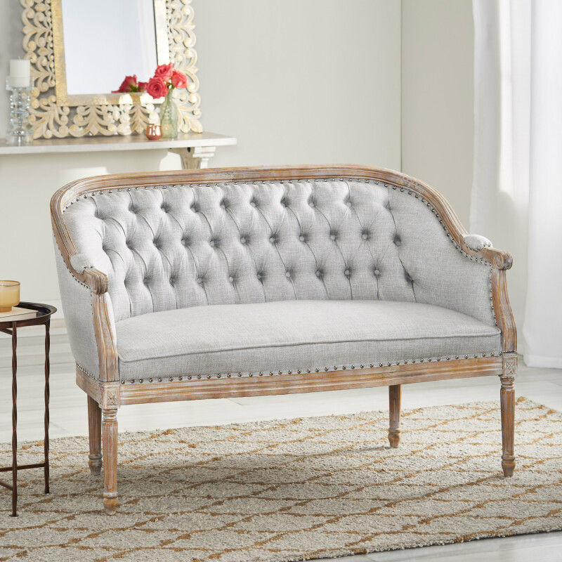 303543 Faye Traditional Fabric Tufted Upholstered Loveseat, Light Gray and Antique