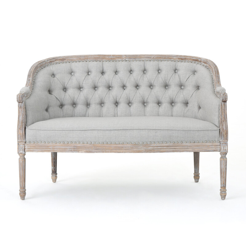 303543 Faye Traditional Fabric Tufted Upholstered Loveseat, Light Gray and Antique