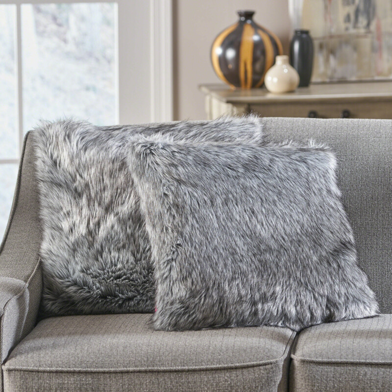 304253 Warrin Furry GlamDark Grey and Light Grey Streak Faux Fur Throw Pillows (Set of 2)