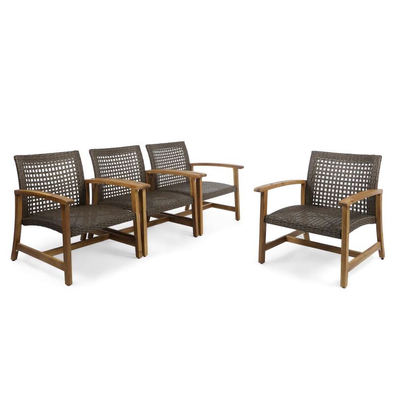 305212 Hampton Outdoor Wood and Wicker Club Chairs (Set of 4), Teak Finish and Mixed Mocha