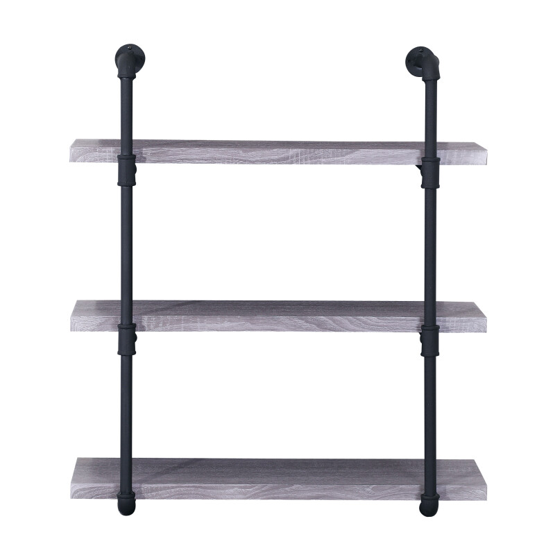 305320 Staci Industrial 3 Shelf Faux Wood Floating Shelf, Light Gray and Black