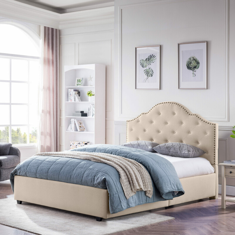 306896 Cordeaux Contemporary Button-Tufted Upholstered Queen Bed Frame with Nailhead Accents, Beige