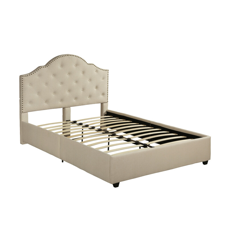306896 Cordeaux Contemporary Button-Tufted Upholstered Queen Bed Frame with Nailhead Accents, Beige