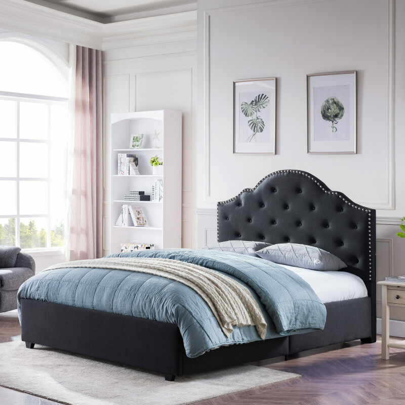 306897 Cordeaux Contemporary Button-Tufted Upholstered Queen Bed Frame with Nailhead Accents, Black