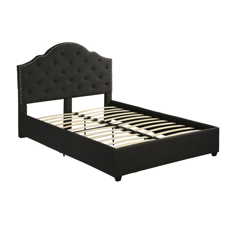 306897 Cordeaux Contemporary Button-Tufted Upholstered Queen Bed Frame with Nailhead Accents, Black