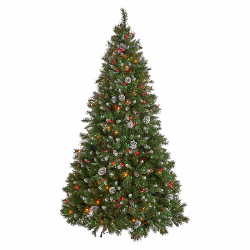 307358 7-foot Mixed Spruce Pre-Lit Multi-Colored String Light Hinged Artificial Christmas Tree with Frosted Branches, Red Berries, and Frosted Pinecones