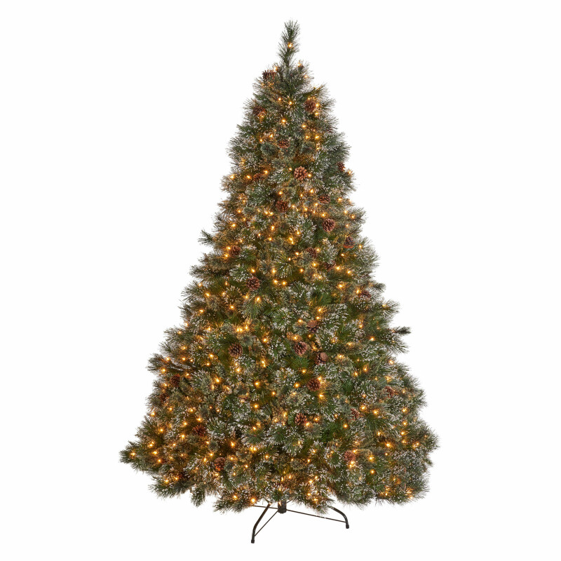 307363 9-foot Cashmere Pine and Mixed Needles Pre-lit Clear String Light Hinged Artificial Christmas Tree with Snowy Branches and Pinecones