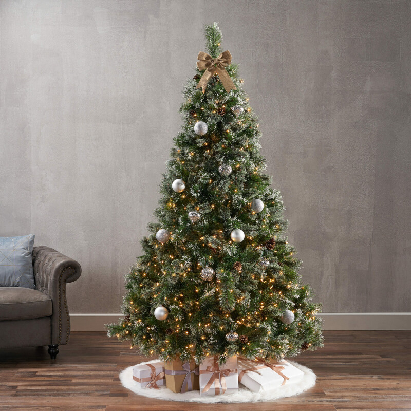 307381 7-foot Cashmere Pine and Mixed Needles Pre-Lit Clear String Light Hinged Artificial Christmas Tree with Snowy Branches and Pinecones