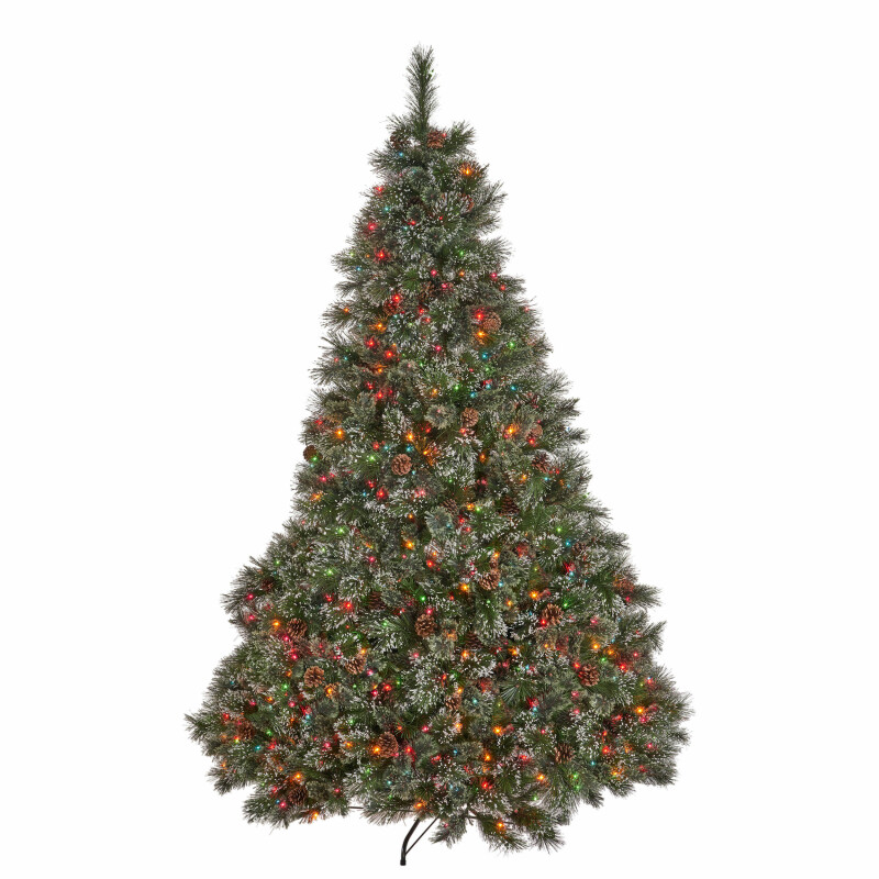 307382 7-foot Cashmere Pine and Mixed Needles Pre-Lit Multi-Colored String Light Hinged Artificial Christmas Tree with Snowy Branches and Pinecones