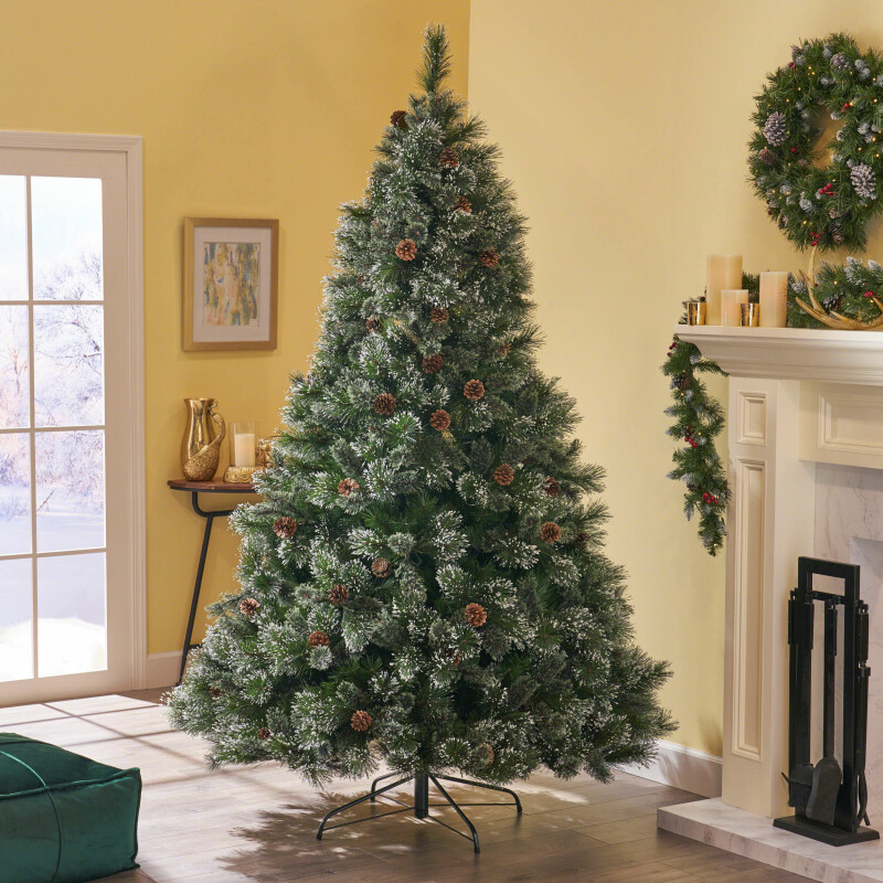307386 7.5-foot Cashmere Pine and Mixed Needles Unlit Hinged Artificial Christmas Tree with Snowy Branches and Pinecones