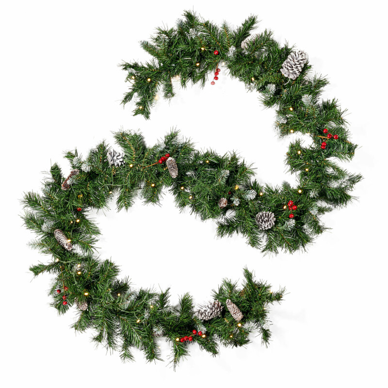 307392 9-foot Mixed Spruce Pre-Lit Warm White LED Artificial Christmas Garland with Frosted Branches, Red Berries and Pinecones