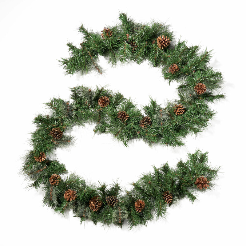 307394 9-foot Mixed Spruce Pre-Lit Warm White LED Artificial Christmas Garland with Snowy Branches and Pinecones