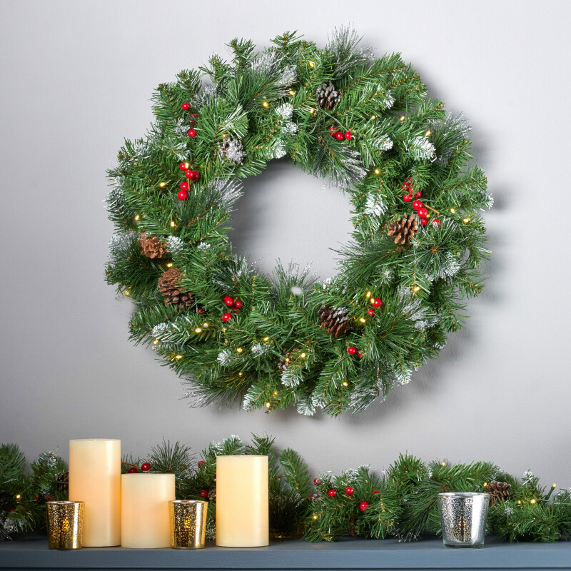 307395 24 Mixed Spruce Warm White LED Artificial Christmas Wreath with Glitter Branches, Red Berries, Pinecones