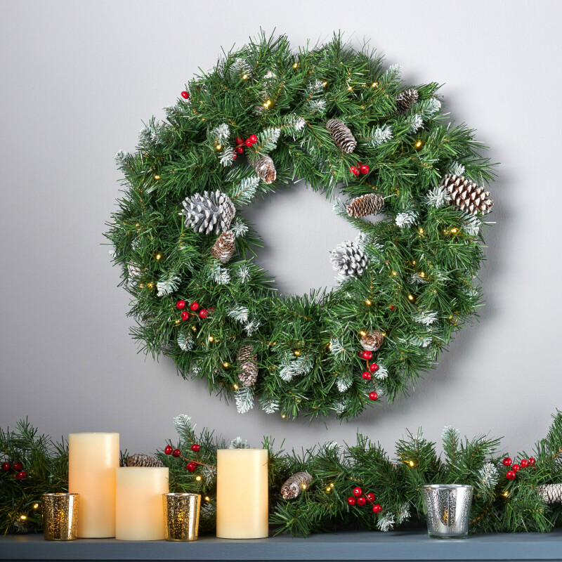 307396 24 Mixed Spruce Pre-Lit Warm White LED Artificial Christmas Wreath with Frosted Branches, Red Berries and Pinecones