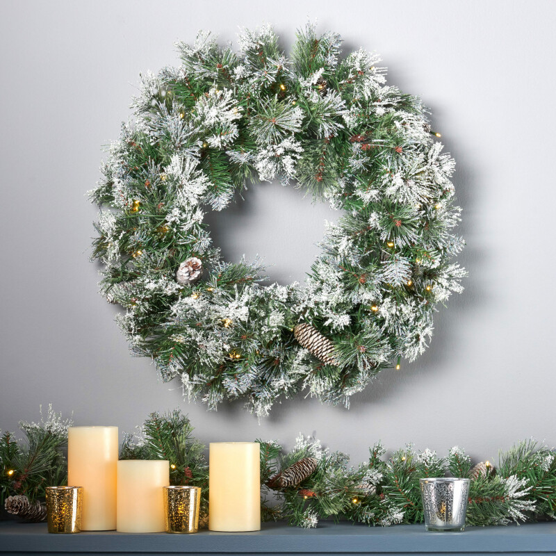 307397 24 Cashmere Pine and Mixed Needles Warm White LED Artificial Christmas Wreath with Flocked Snow, Glitter Branches, and Pinecones