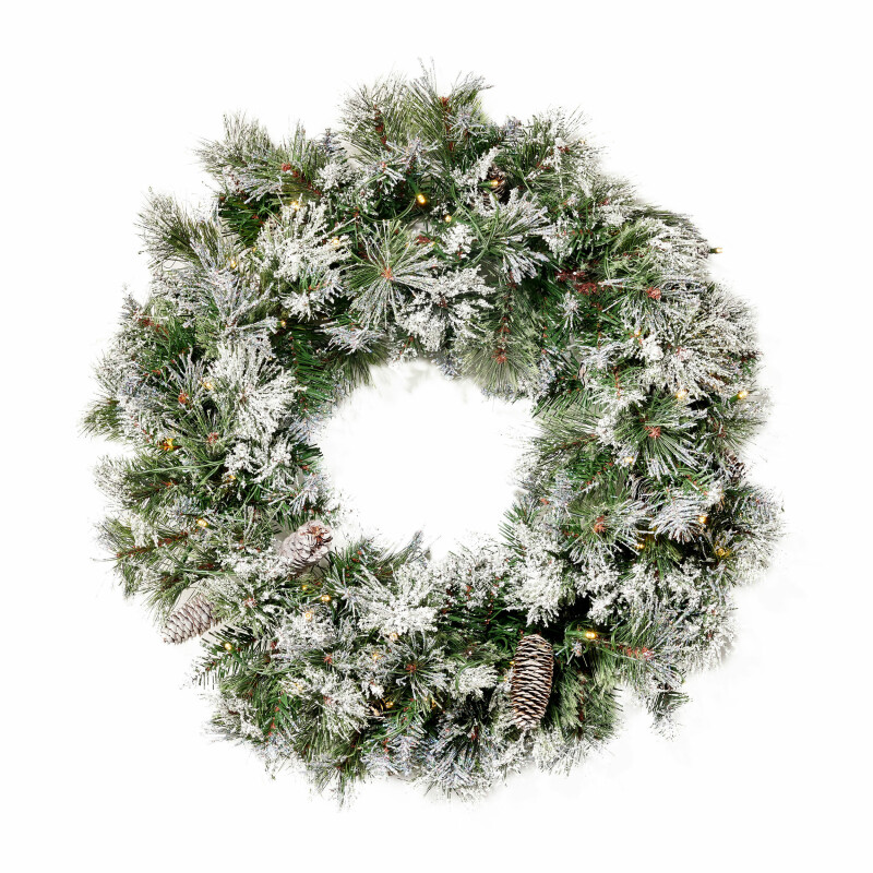 24 Cashmere Pine and Mixed Needles Warm White LED Artificial Christmas Wreath with Flocked Snow, Glitter Branches, and Pinecones