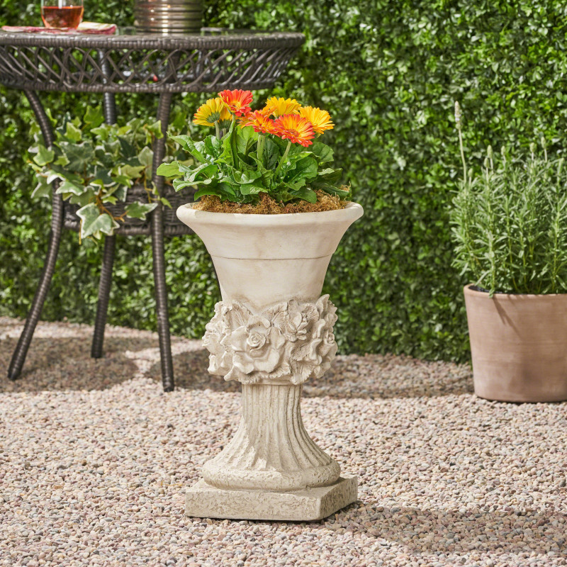 307417 Calliope Outdoor Traditional Roman Chalice Garden Urn Planter with Floral Accents, Antique White