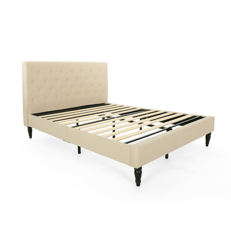 307579 Atterbury Fully-Upholstered Queen-Size Platform Bed Frame, Low-Profile, Contemporary, Beige