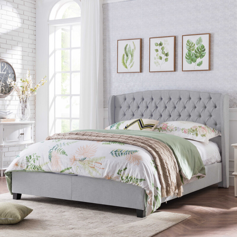 307614 Virago Fully-Upholstered King-Size Platform Bed Frame, Low-Profile, Contemporary, Light Gray
