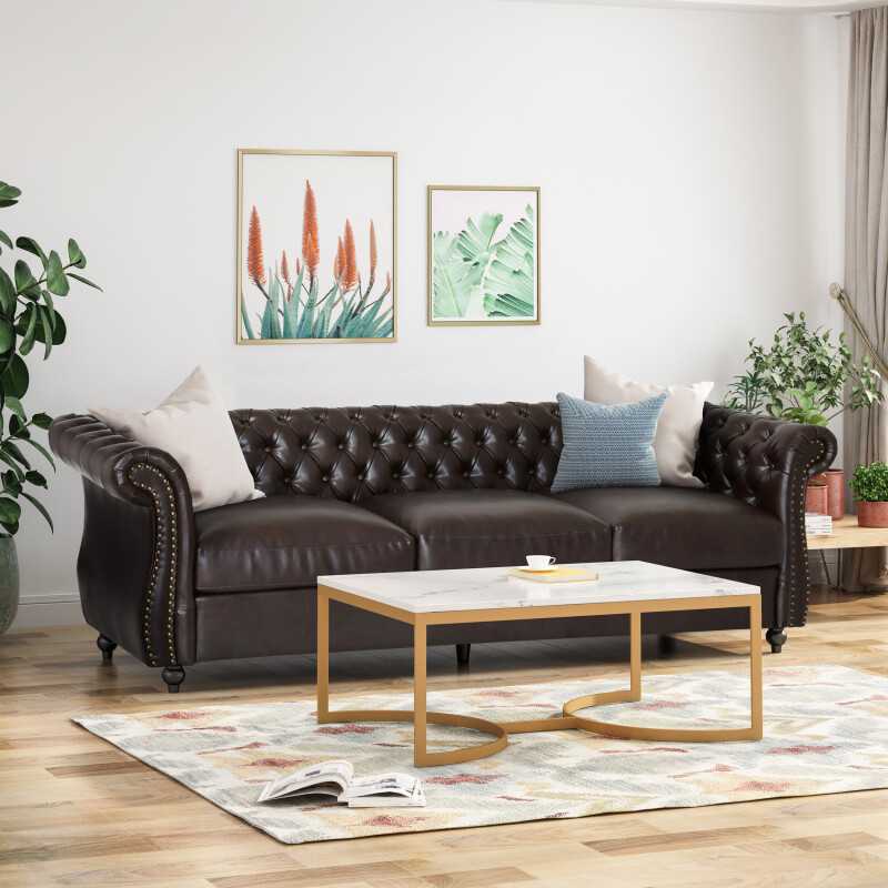 307701 Somerville Chesterfield Tufted Faux Leather Sofa with Scroll Arms, Brown