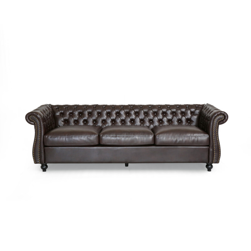 Somerville Chesterfield Tufted Faux Leather Sofa with Scroll Arms, Brown