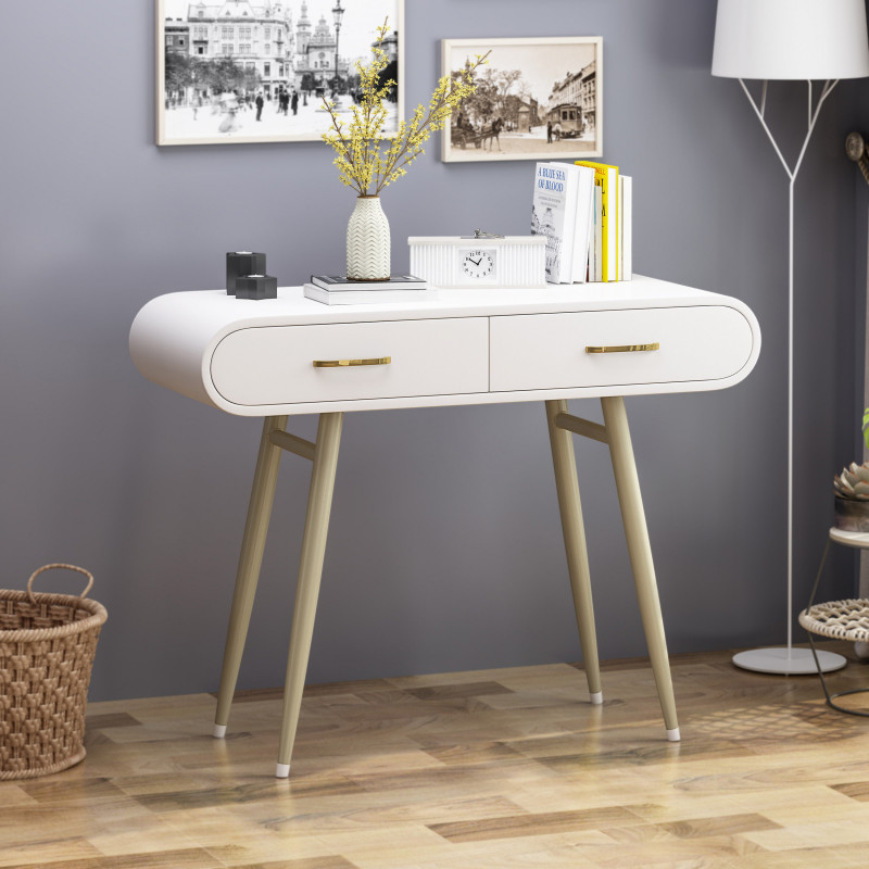 308293 Dehaviland Modern Faux Wood Vanity Table, White and Champagne Gold