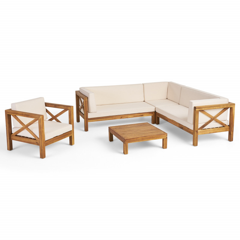 308425 Brava Outdoor 6 Seater Acacia Wood Sectional Sofa and Club Chair Set, Teak Finish and Beige