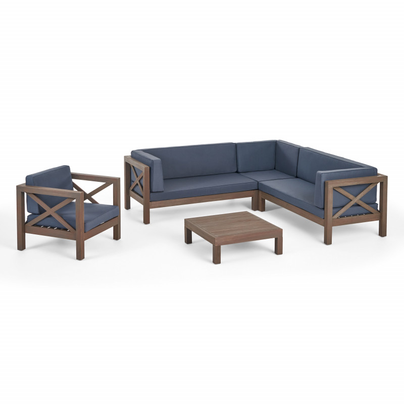 Brava Outdoor 6 Seater Acacia Wood Sectional Sofa and Club Chair Set, Gray Finish and Dark Gray