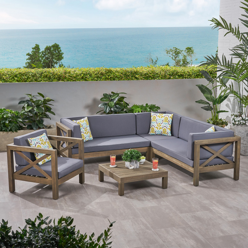 308427 Brava Outdoor 6 Seater Acacia Wood Sectional Sofa and Club Chair Set, Gray Finish and Dark Gray