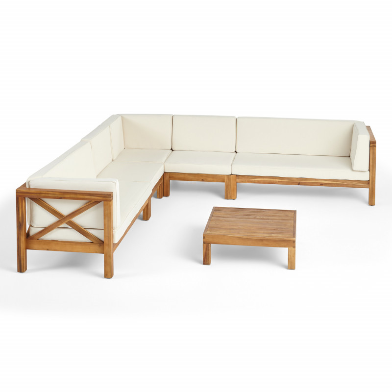 308430 Brava Outdoor 7 Seater Acacia Wood Sectional Sofa Set, Teak Finish and Beige