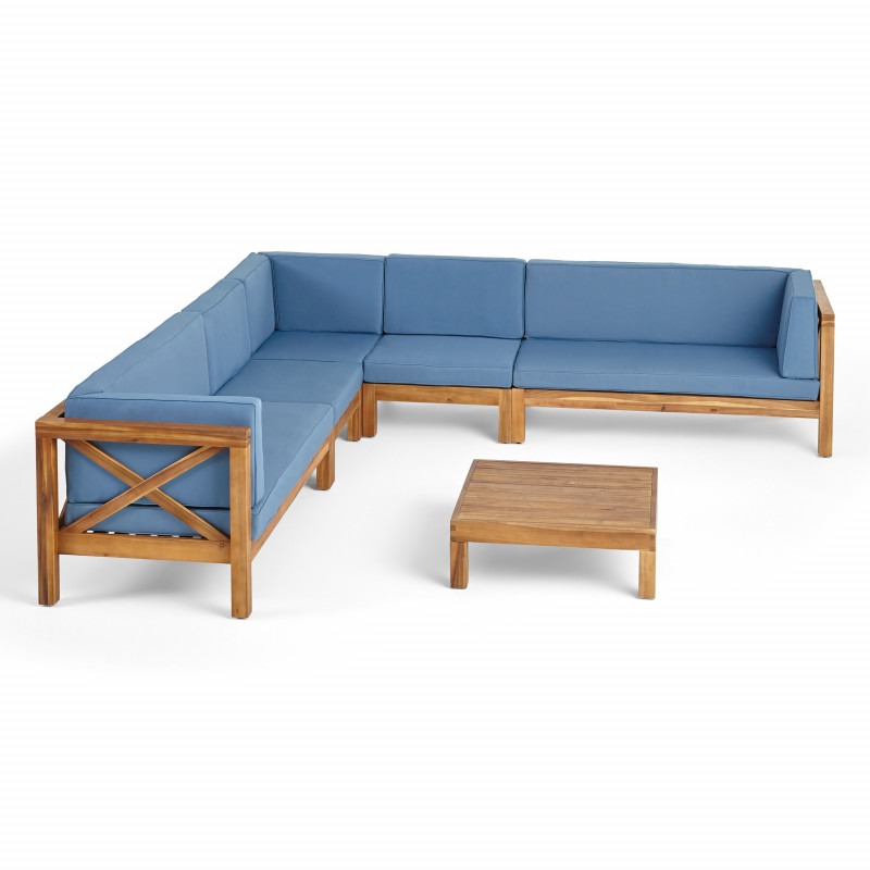 Brava Outdoor 7 Seater Acacia Wood Sectional Sofa Set, Teak Finish and Blue
